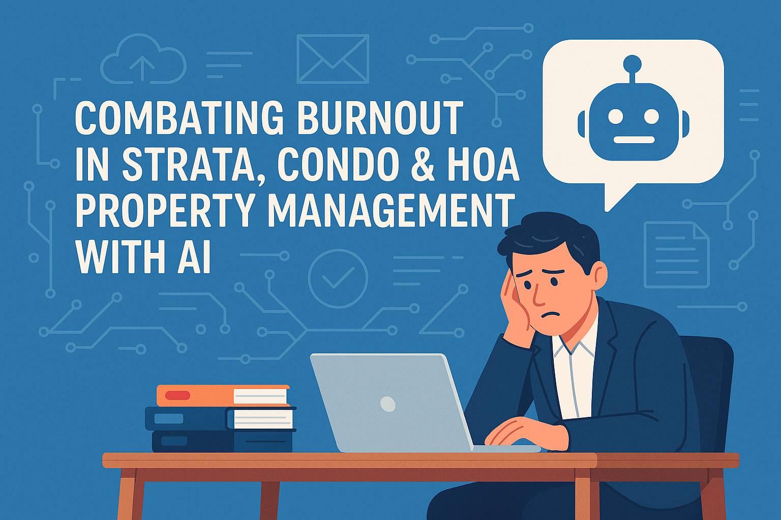 Illustration of a property manager sitting at a desk with a laptop and books, surrounded by digital icons and a speech bubble featuring an AI chatbot, with the blog title “Combating Burnout in Strata, Condo & HOA Property Management with AI” displayed prominently.